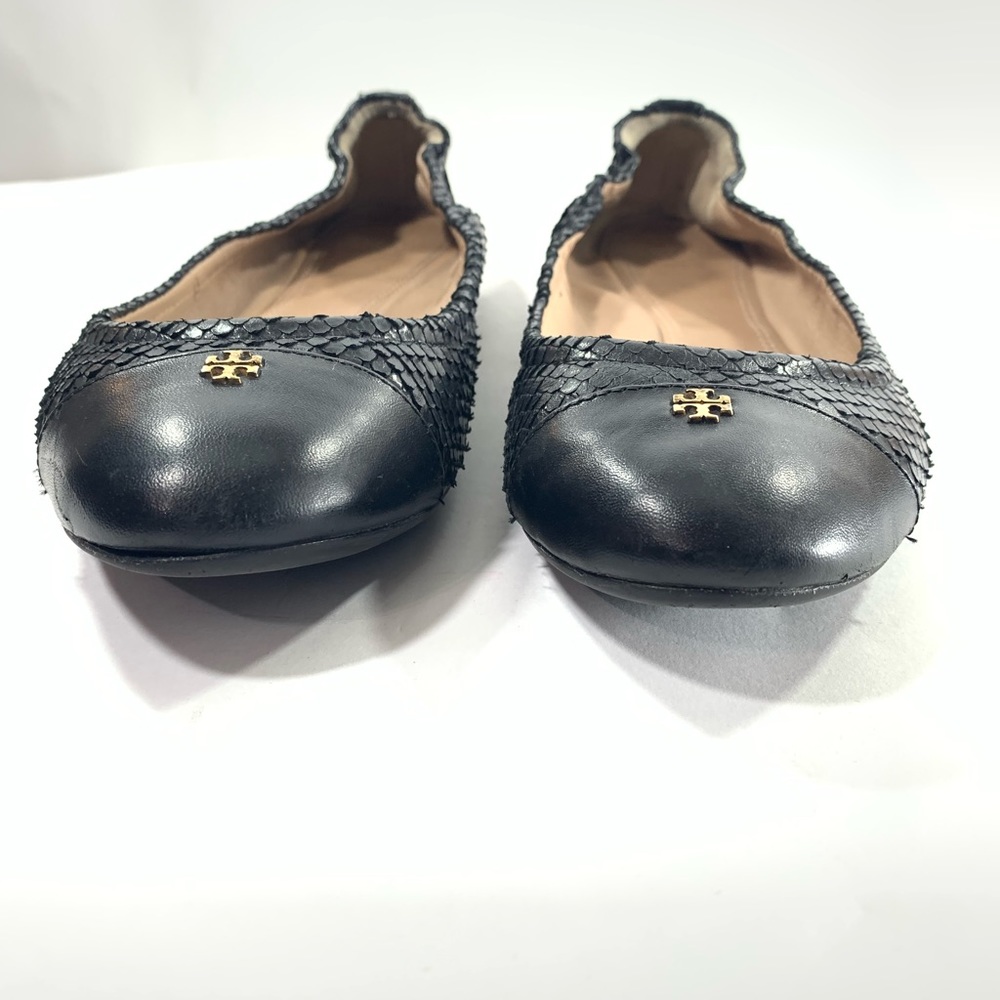 Tory Burch Sz 9 Black Cap Toe Leather Snake Skin Print Ballet Scrunch Back Flats - Picture 3 of 12